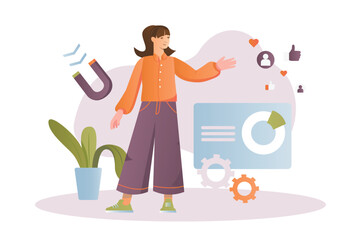 Marketing concept with people scene in the flat cartoon style. A marketer analyzes business marketing to improve it. Vector illustration.