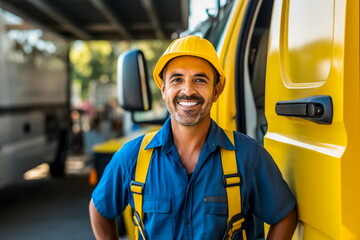AI generated Illustration of a smiling electrician latino look, no beard, standing outside of his commercial white van , wearing a yellow electrician helmet and blue bright shirt
