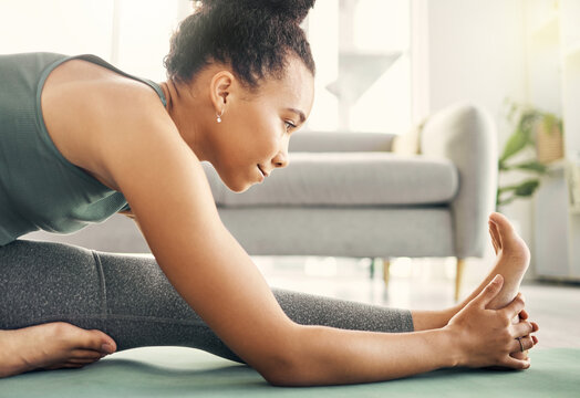 Body, Stretching And Yoga By Woman On Living Room Floor, Training Or Mental Health Exercise At Home. Leg, Stretch And Lady With Flexible Fitness Or Pilates, Workout Or Balance, Meditation Or Wellness