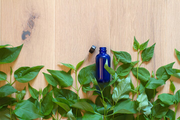 poetic copy space for organic essential oils with glass bottle - 617680568