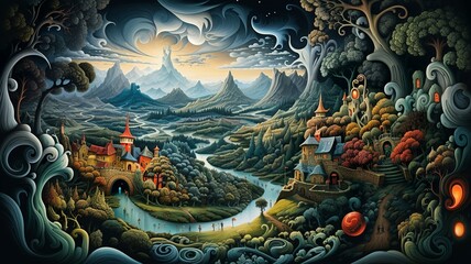 Once upon a time in a fairytale landscape fantasy illustration with cities and mountains generative ai