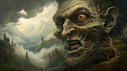 Giant troll face landscape fantasy illustration generative ai