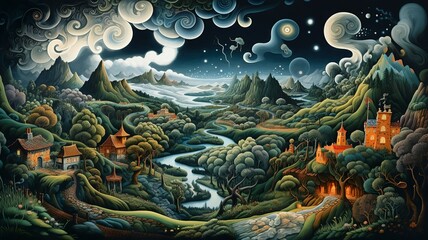 Once upon a time in a fairytale landscape fantasy illustration with cities and mountains generative ai