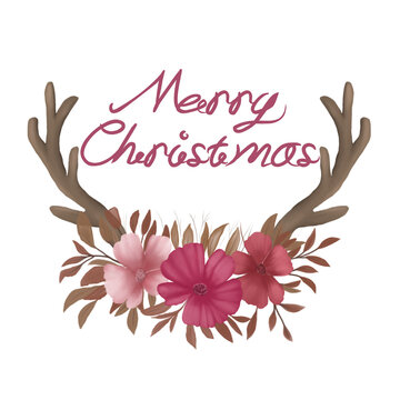 Merry Christmas with pink flowers and antlers.