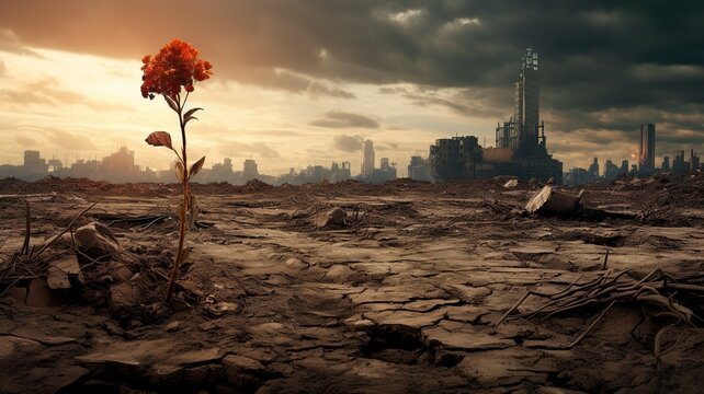 Lonely flower survival in a desolated sad dying dystopian futuristic landscape generative ai 