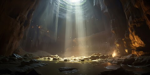 AI Generated. AI Generative. Under ground outdoor nature cave with light scene. Adventure explore trip vacation tour vibe. Graphic Art