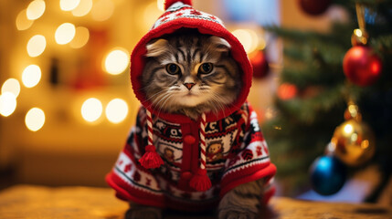 Cat in Christmas costumes on a festive background. Happy Christmas background. Cute Cat on a Christmas background in a cute costume. AI Generative.