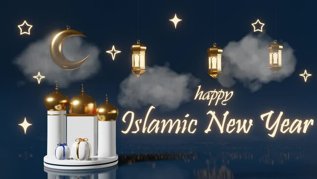 Islamic New Year glowing light Golden Crescent Lanter Mosque Gifts cloud New lunar calendar Hijri year holiday 3d animation. Muharram Sacred Month of Allah Muslim religious greeting card Festive sale