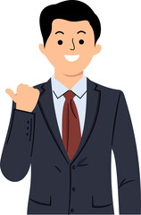 enthusiastic businessman pointing finger left or smiling corporate man showing advertisement standing in suit over white background