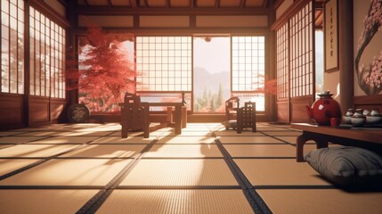 A traditional Japanese tea room interior with tatami mats, Generative AI.