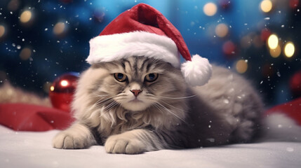 Kittens in Christmas costumes on a festive background. Happy Christmas background. Cute kitten on a Christmas background in a cute costume. AI Generative.
