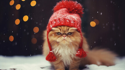 Kittens in Christmas costumes on a festive background. Happy Christmas background. Cute kitten on a Christmas background in a cute costume. AI Generative.
