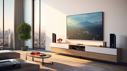 A TV stand with a TV mounted on the wall, Generative AI.