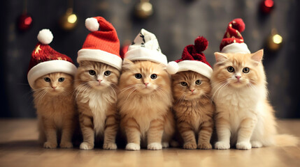 Cat in Christmas costumes on a festive background. Happy Christmas background. Cute Cat on a Christmas background in a cute costume. AI Generative.