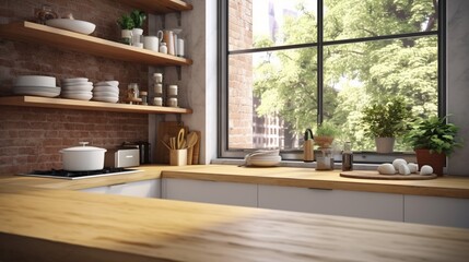 A wooden top on the background of a modern kitchen with a window and shelves, Generative AI.