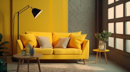 A yellow sofa by a floor lamp and a side table, Generative AI.