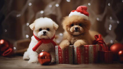 Dog in Christmas costumes on a festive background. Happy Christmas background. Cute Dog on a Christmas background in a cute costume. AI Generative.