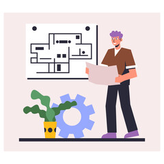 Adult professional male holding plan and working in architectural office. Planning and building house. House design and layout concept. Flat vector illustration in purple colors