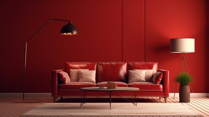An inviting red living room interior with a sofa, table, lamp, Generative AI.
