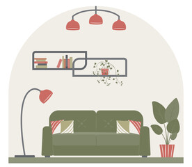 Interior design of the living room with furniture: sofa with pillows, shelf with books, indoor plants, floor lamp, chandelier. Vector illustration. Flat style.
