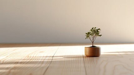 Fototapeta na wymiar simple minimalist wood vase pot for plant, warm colour tone copy space generative ai
