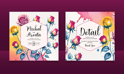 Beautiful hand drawing watercolor flower and leaves wedding invitation card
