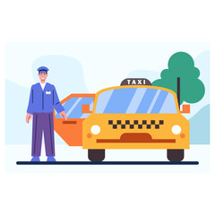 Driver opening door for client. Order taxi concept. Customer service and delivery to address. Travel in city by car. Vector flat illustration in yellow and blue colors