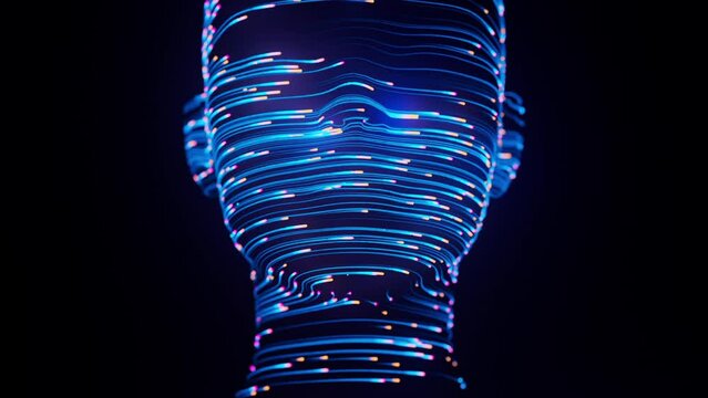 Human face abstract digital animation. 3D rendering of artificial intelligence. Concept of big data cyber security or metaverse.