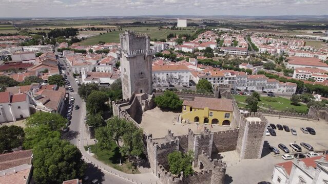 Old Castle of Beja, town and landscape in Portugal, aerial parallax