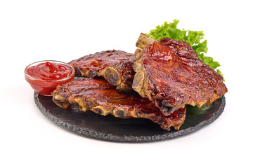 Delicious grilled pork ribs in BBQ sauce with herbs, isolated on white background.