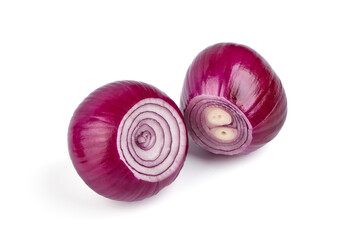 Red onion bulbs with slices, isolated on white background.