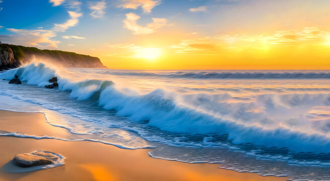 Landscape beautiful beach and waves and romantic sunset.Generative AI.