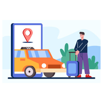 Young male tourist with trolley bag waiting for car outside. Concept of online taxi order via smartphone. Waiting and tracking taxi. Flat vector illustration in blue colors