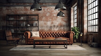 Brown leather sofa in a loft-style living room, Generative AI.