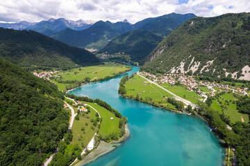 Aerial drone view of Soca river in Slovenia