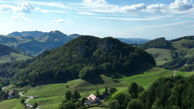 Zoom shot, drone flight over the Chilchzimmersattel, Ankenballen at the back, Baselland, Switzerland, Europe