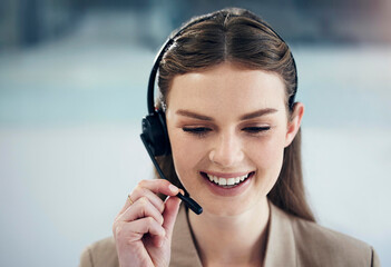 Contact us, call center and woman with a smile, tech support and conversation with headphones,...