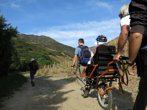 Randonnée handicap avec joelette fauteuil roulant de montagne