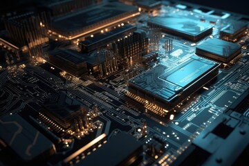 Hardware technology concept in neon light. Motherboard in blue-red light. Computer component. Dark photo. Neon Colors.GPU processor. CPU
