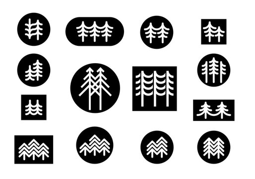 Modern logo collection with white pine or fir tree on black backdrop. Christmas tree icon set
