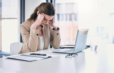 Headache, stress and woman in business, working at computer, desk with pain or corporate office of lawyer. Exhausted, burnout and anxiety in legal, law firm or employee frustrated with mistake