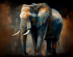 The painted elephant in oil on canvas. Contemporary painting. Textured paint strokes
