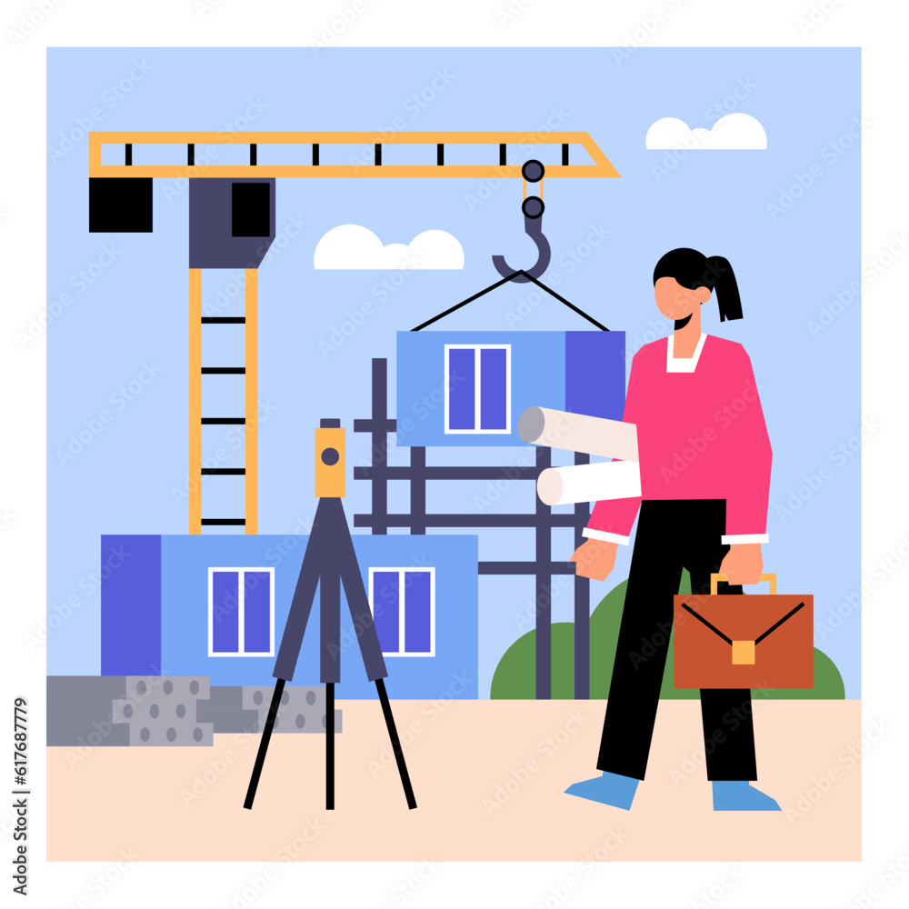 Wall mural Young architect with briefcase standing near device for carrying out geodetic measurements, holding projects. Construction and repair concept. Flat vector illustration in blue and yellow colors