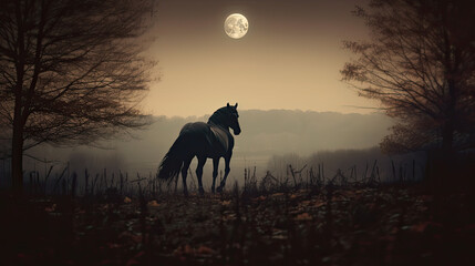 horse in the fog with full moon. 