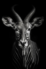Black and white photo of zebra's head with long horns. Generative AI.