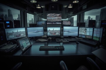 Naklejka premium Hispanic security guard watching monitors in control room