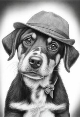 AI generated illustration of a smiling dog wearing a hat on its head