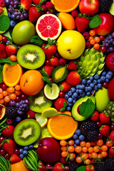 Bunch of different types of fruit on table, including kiwis, oranges, grapes, strawberries, apples, and grapes. Generative AI.