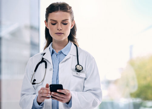 Phone, woman or doctor in hospital on social media to search for medicine info or research online. Scroll, mockup or medical healthcare professional browsing on mobile app to chat in clinic