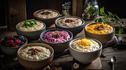 Close up grifts food with fruit toppings in ceramic bowl with blurred background
